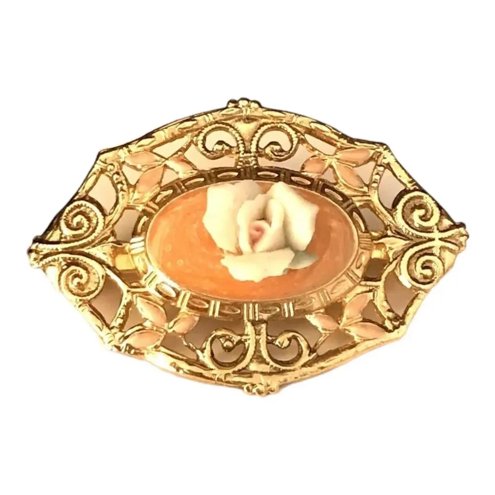 Vintage 1980s Floral Brooch Earrings Set Ceramic Rose Gold Tone - 8C
